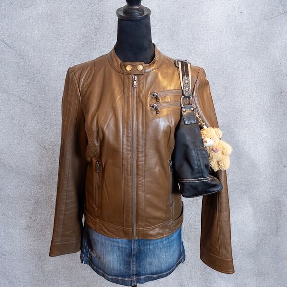 Vintage Y2K Blanc Noir Raw Leather Brown Motorcycle Full Zip Jacket Medium - Picture 4 of 12